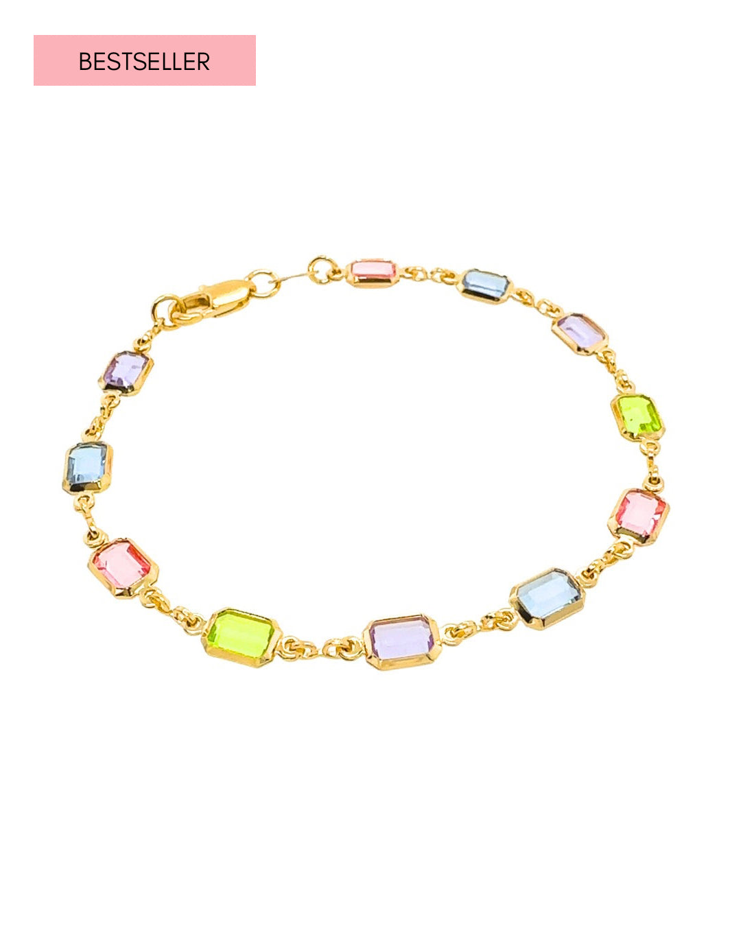 Pastel gold fill bracelet with pink, blue, lilac and chartreuse bezel gem chain