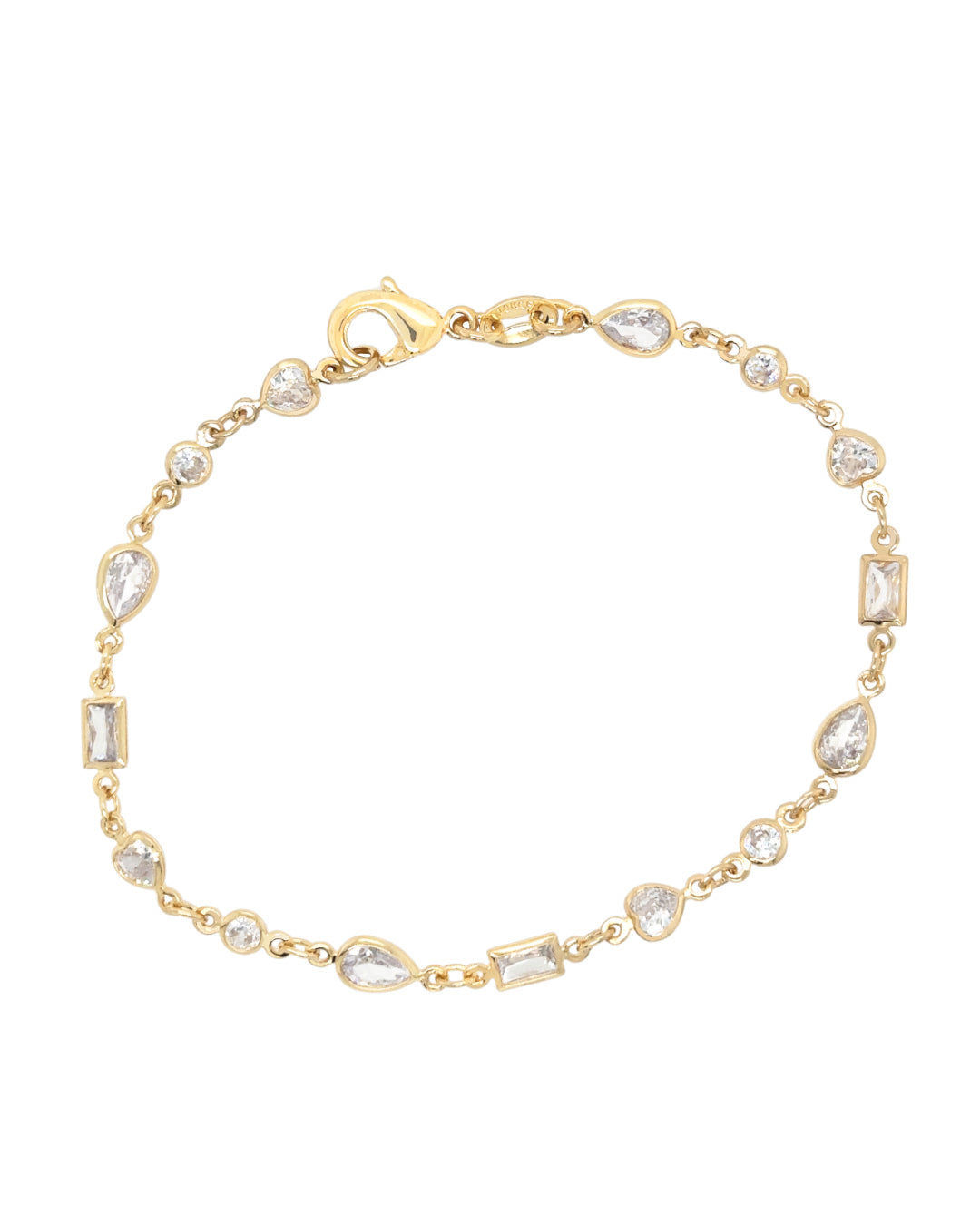 14k gold fill bezel gem tennis bracelet with brilliant cut, heart, baguette cut and teardrop bezel. Made in Australia. 