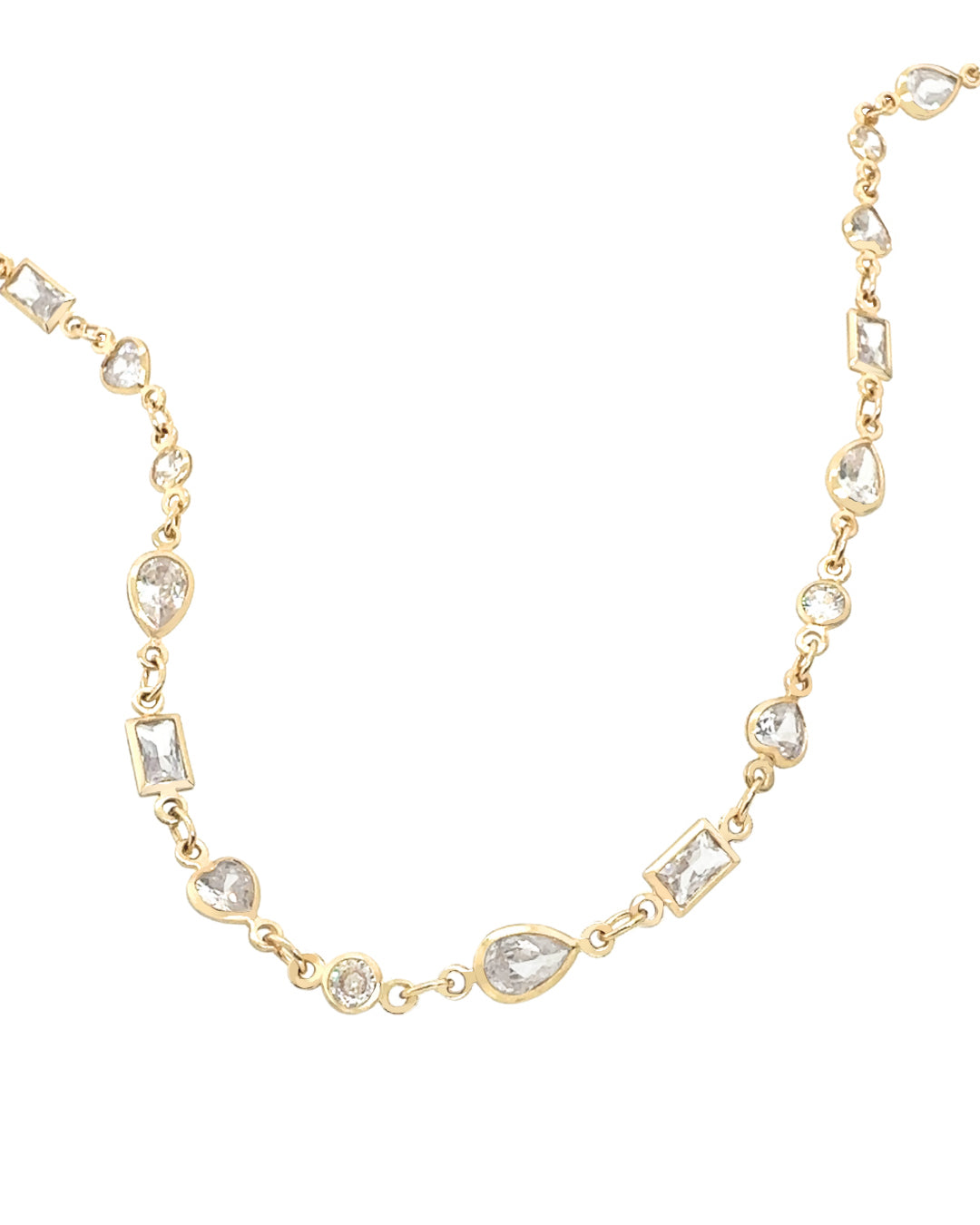 14k yellow gold fill bezel tennis necklace. Heart, Rectangle, Teardrop, Brilliant cut tennis necklace. Made in Australia. 