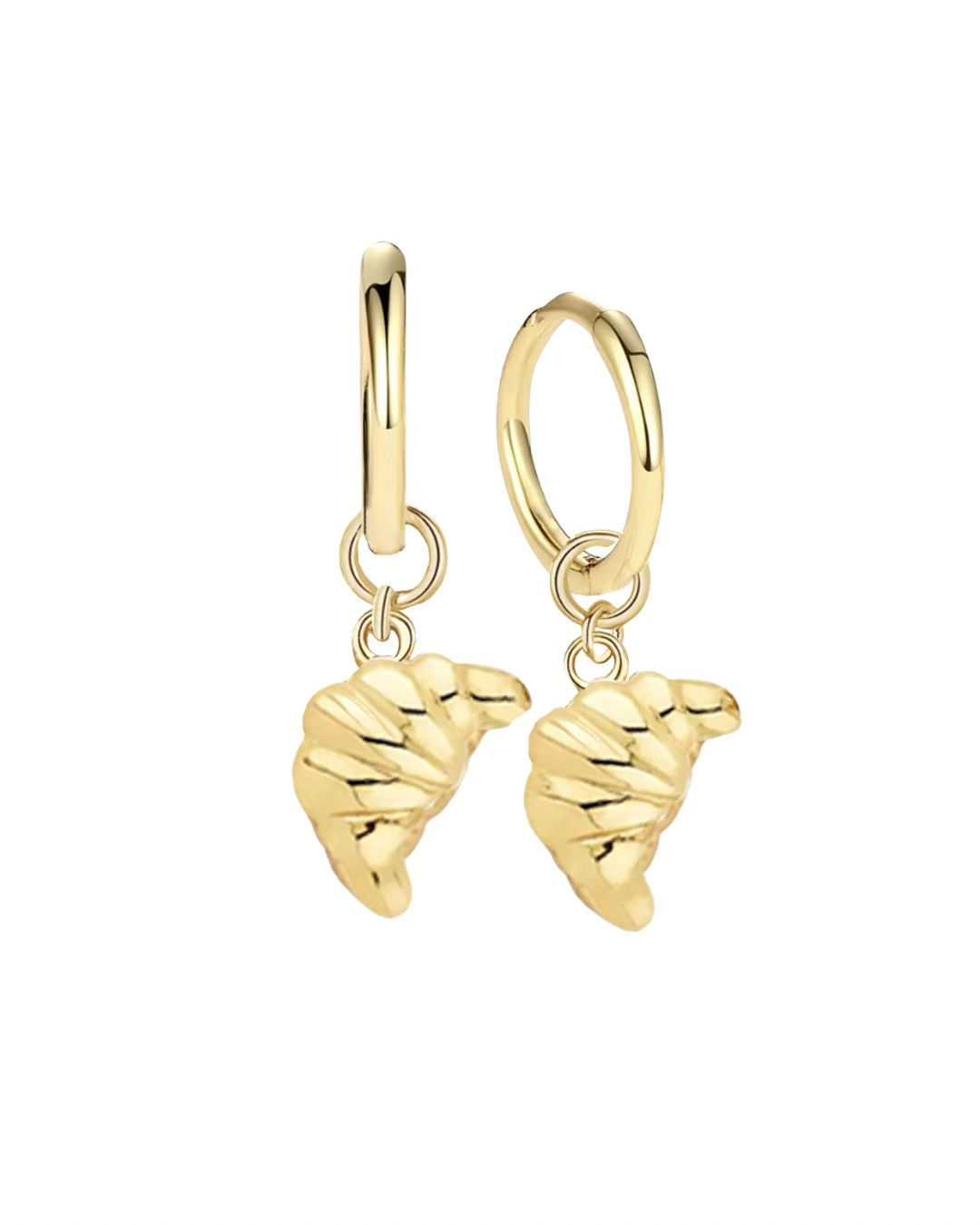 Gold Croissant Charm Hoops on a white background 