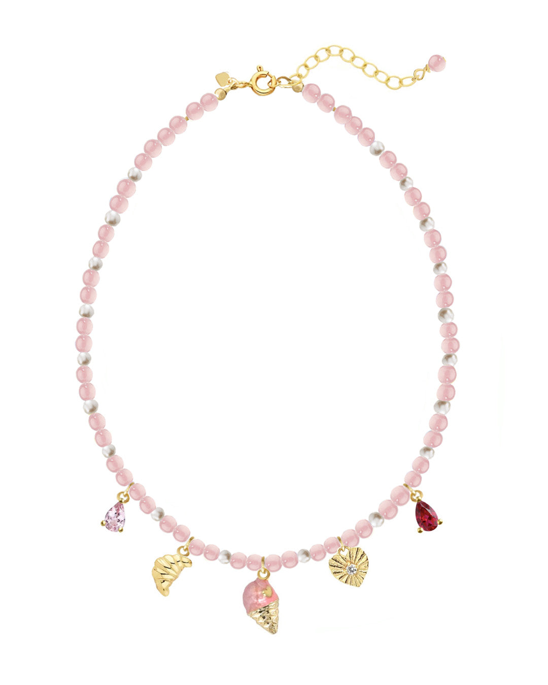 Necklace with pink rose quartz beads and charms on a white background