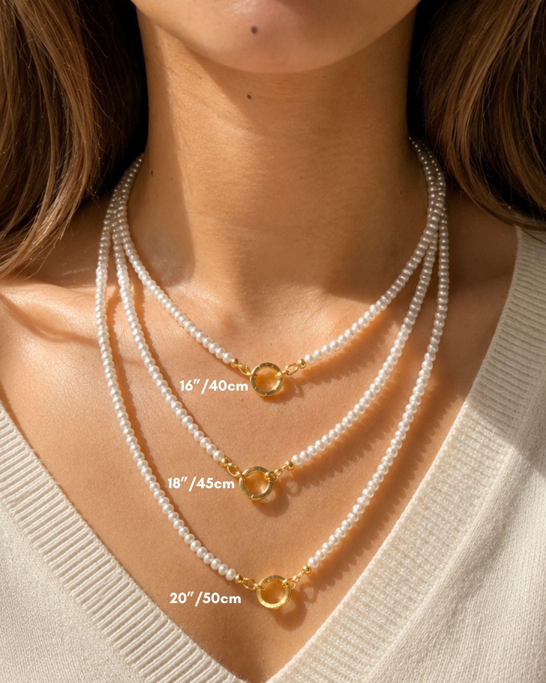 Model wearing the Mini Pearl Necklace in 3 lengths - 16” (40cm), 18” (45cm) and 20” (50cm). 