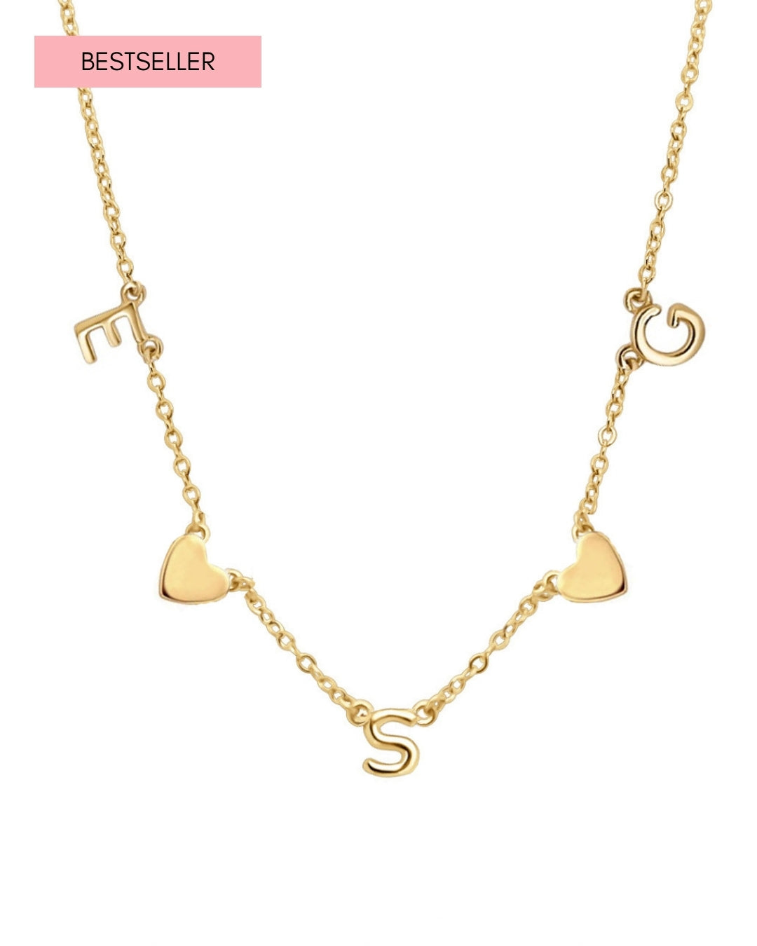 Gold-filled necklace with 3 letter charms and 2 gold heart charms evenly spaced on a petite rolo chain, styled on neutral-toned flatlay background