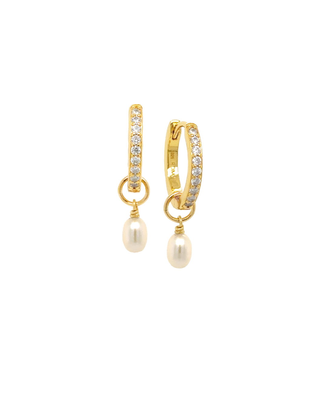 Classic Pearl Charm Hoops featuring removable pearl drop charms on pave gold hoops, designed for understated glamour. Timeless pearl earrings for versatile styling.