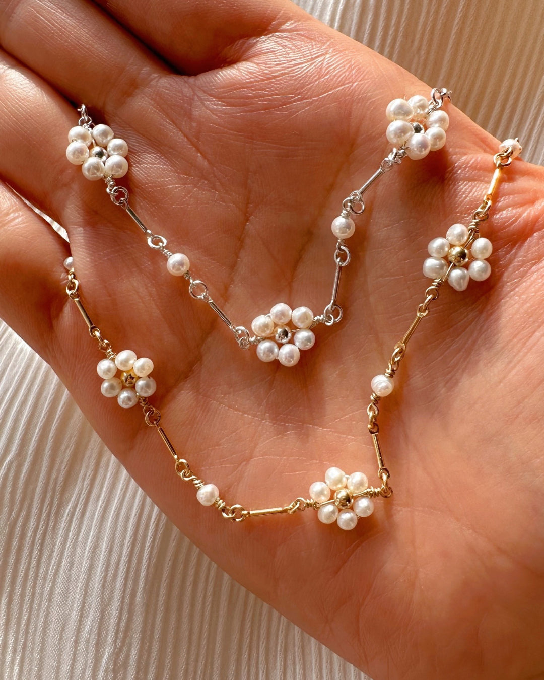 14k Gold Fill and Sterling Silver Daisy Pearl Choker Necklaces