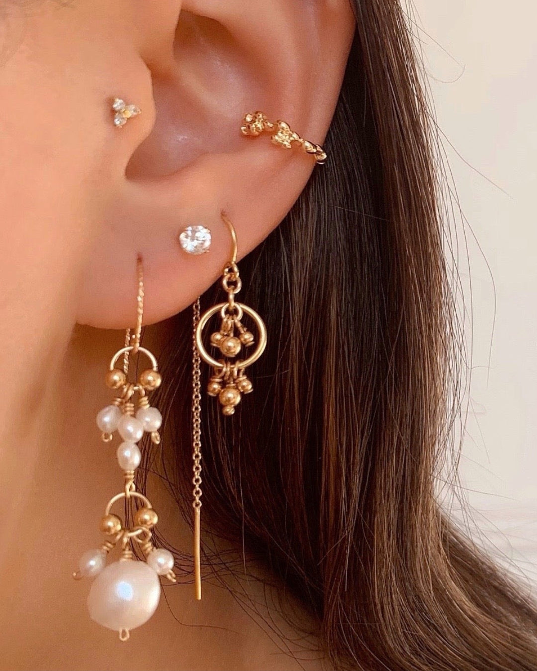 Budding Rose midi earrings featuring a longer cluster of baroque pearl and seed pearls on gold fill studs, designed and made in Australia. Ideal pearl earrings for brides and bridesmaids seeking a timeless, natural look.