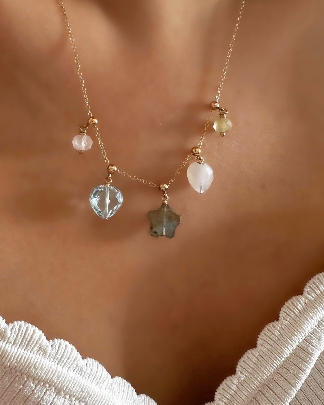 Semi-precious Moonstone Heart Gem Charm with 14k gold fill finish on Charm Story Necklace.