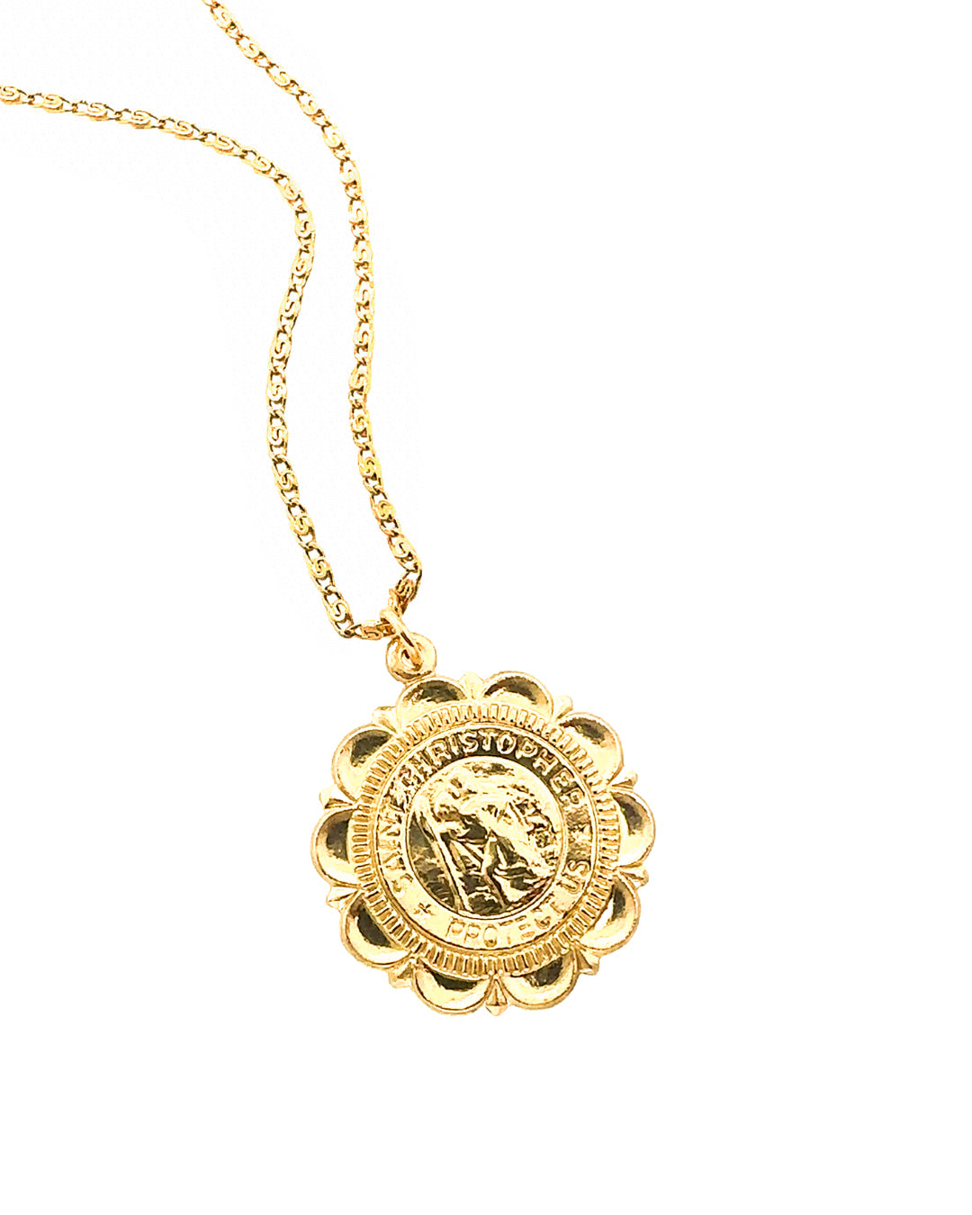 14k gold fill travelers medallion necklace featuring st Christopher protection travel pendant on a gold necklace chain 