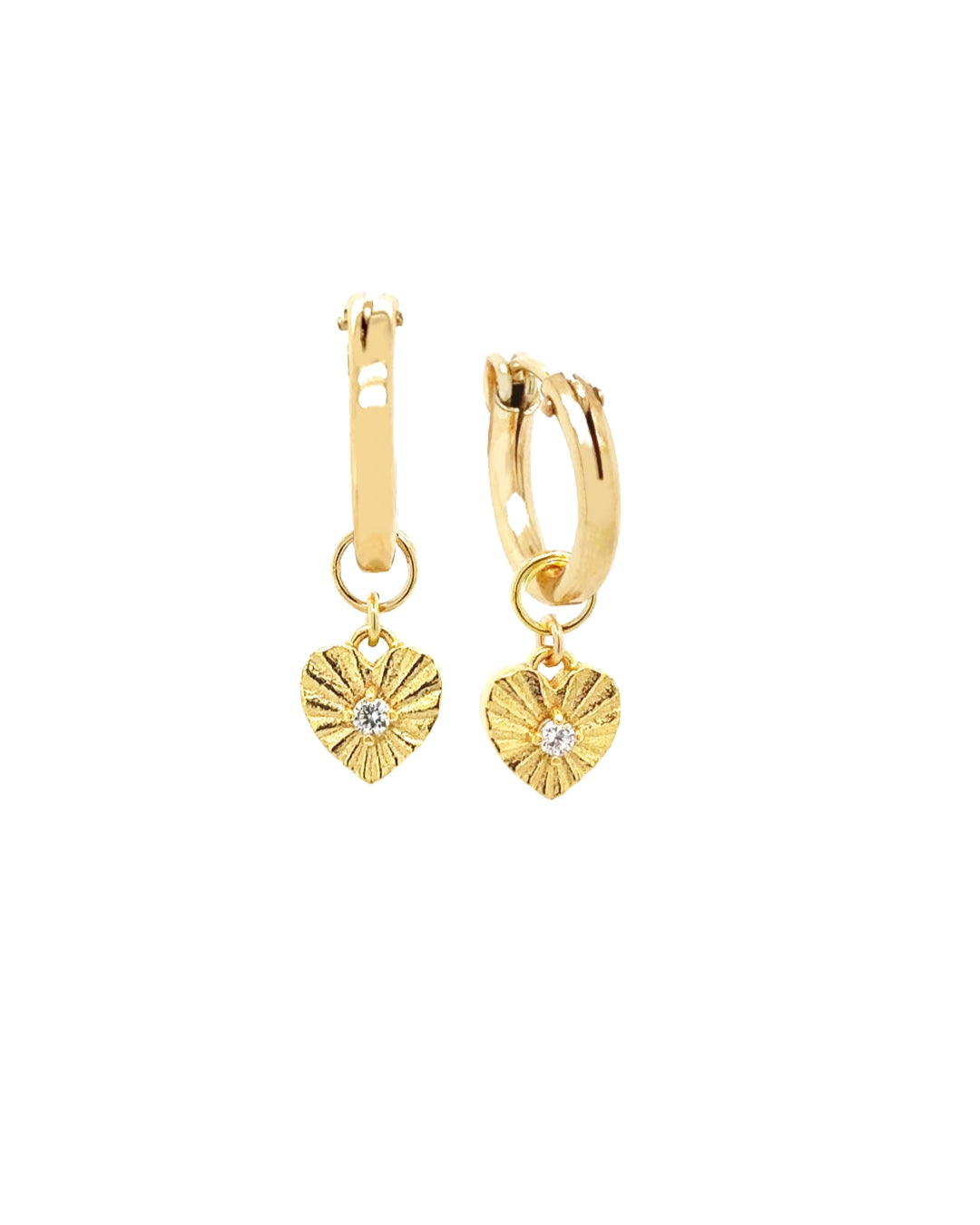 Love Amulet Charm Hoops with removable radiant heart charm, featuring a sparkling crystal center. Exclusive Romyli earring design for romantic, versatile style.