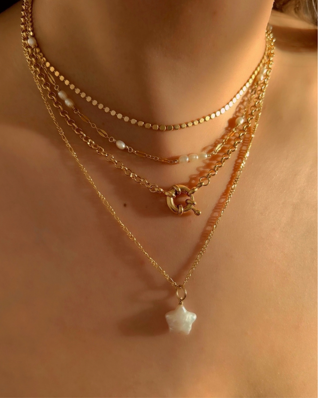 14k gold fill mini pearl choker layered with gold necklace chain and star pearl necklace 