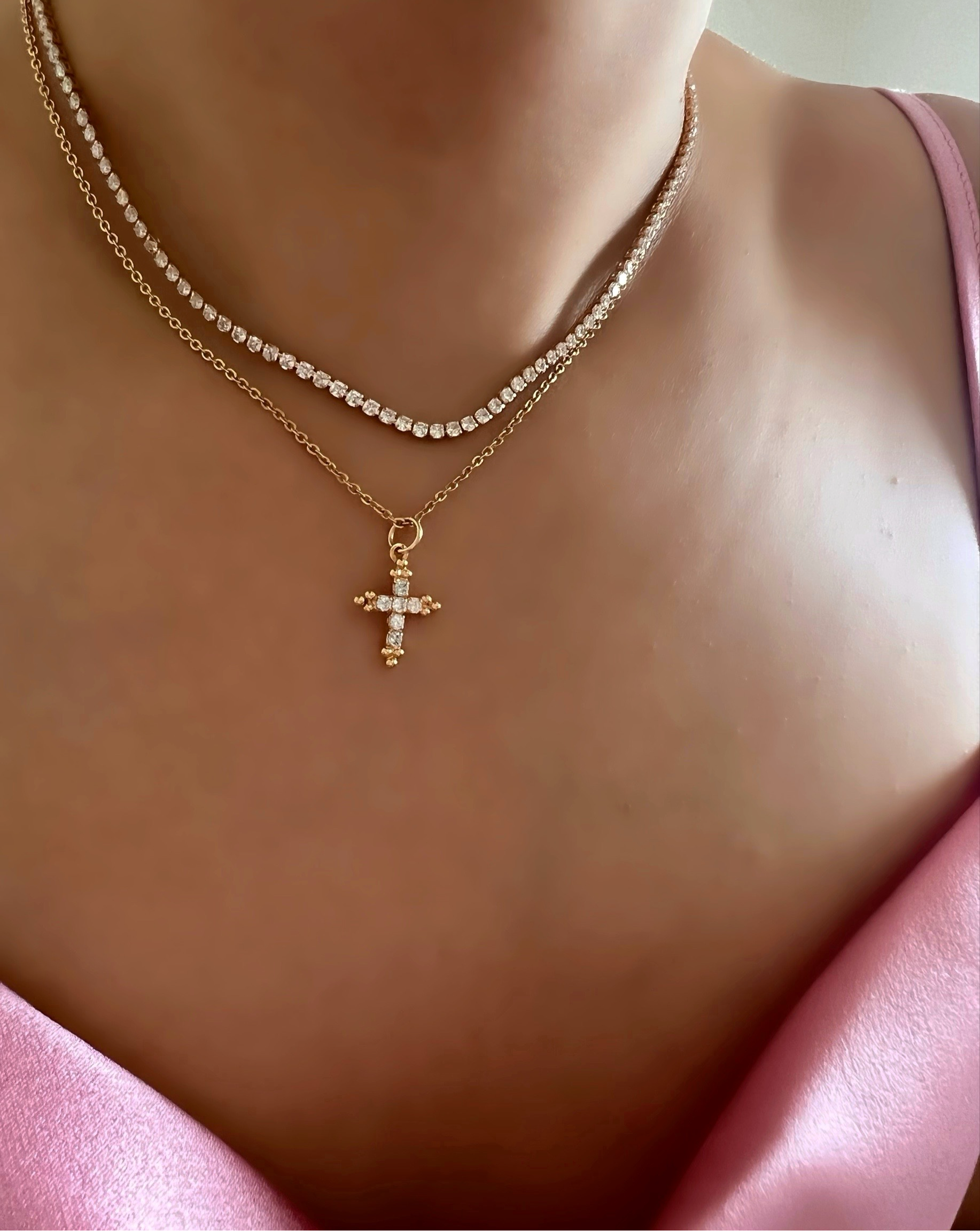 14k gold fill cross protection luck talisman necklace pendant charm on a model 