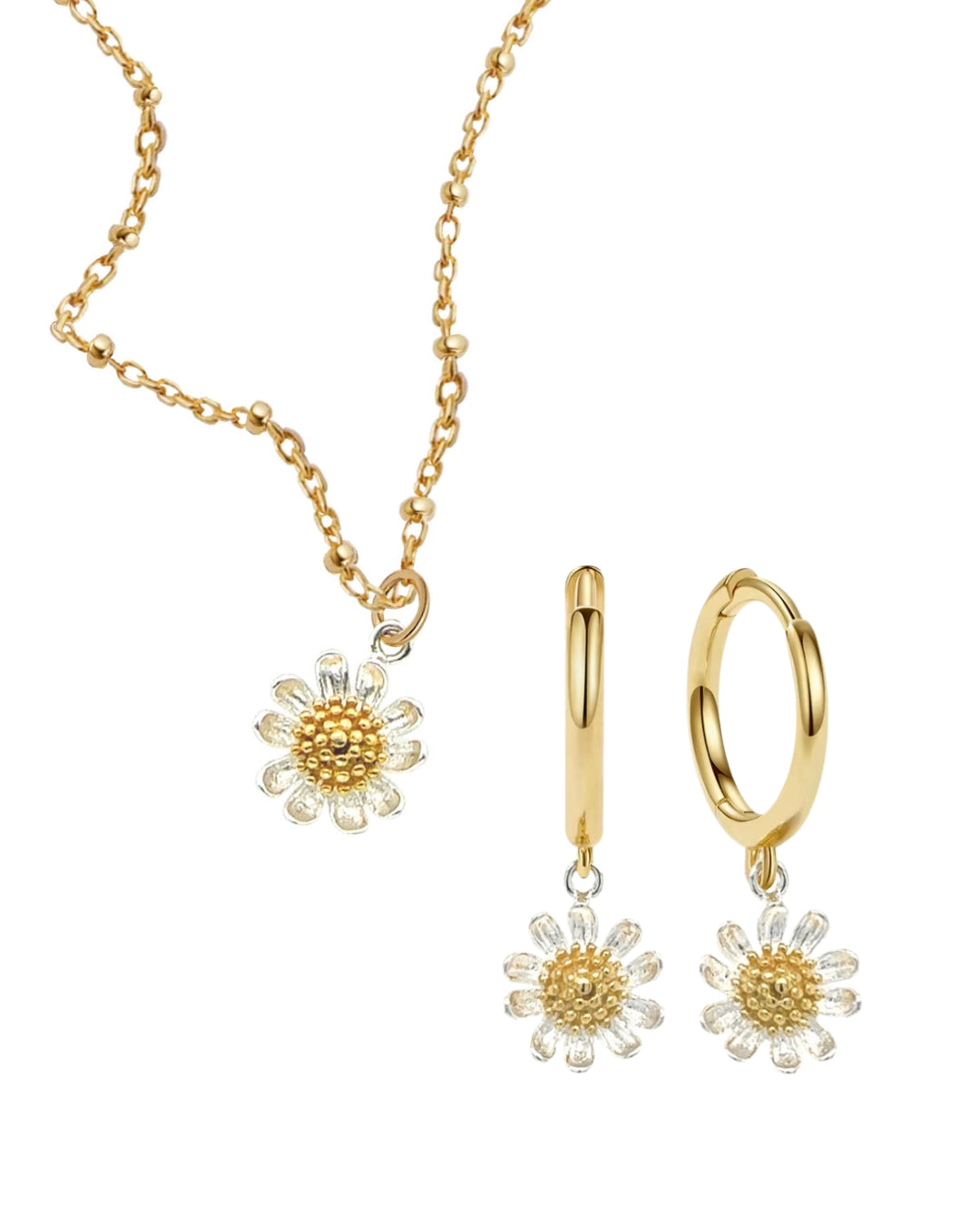 Gold Daisy Bloom jewellery set featuring a gold-filled necklace and hoop earrings with two-tone daisy charms. Dainty floral set by Romyli.
