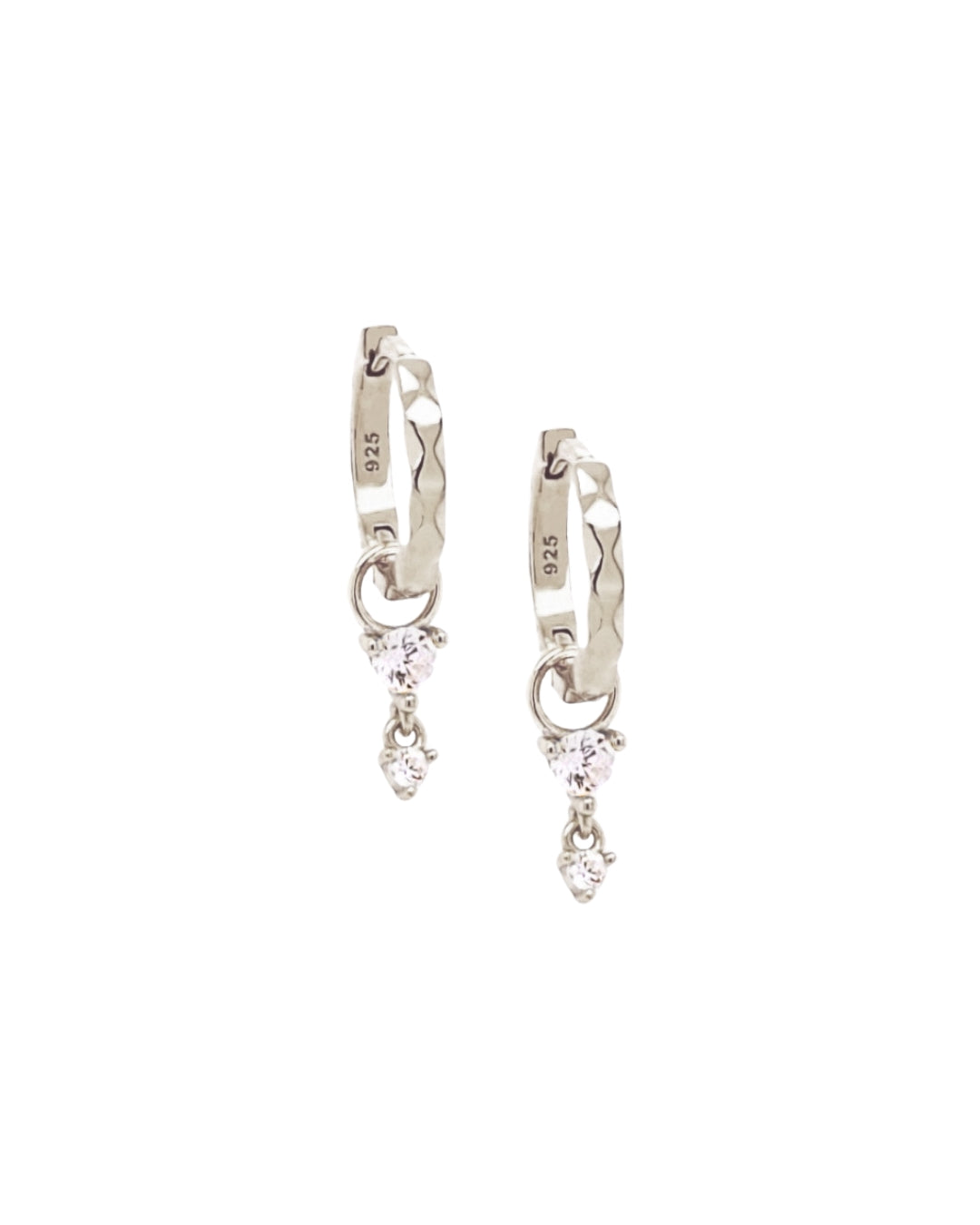 Sterling silver textured wave hoop earrings with removable triple crystal drop charms, photographed on a clean white background.