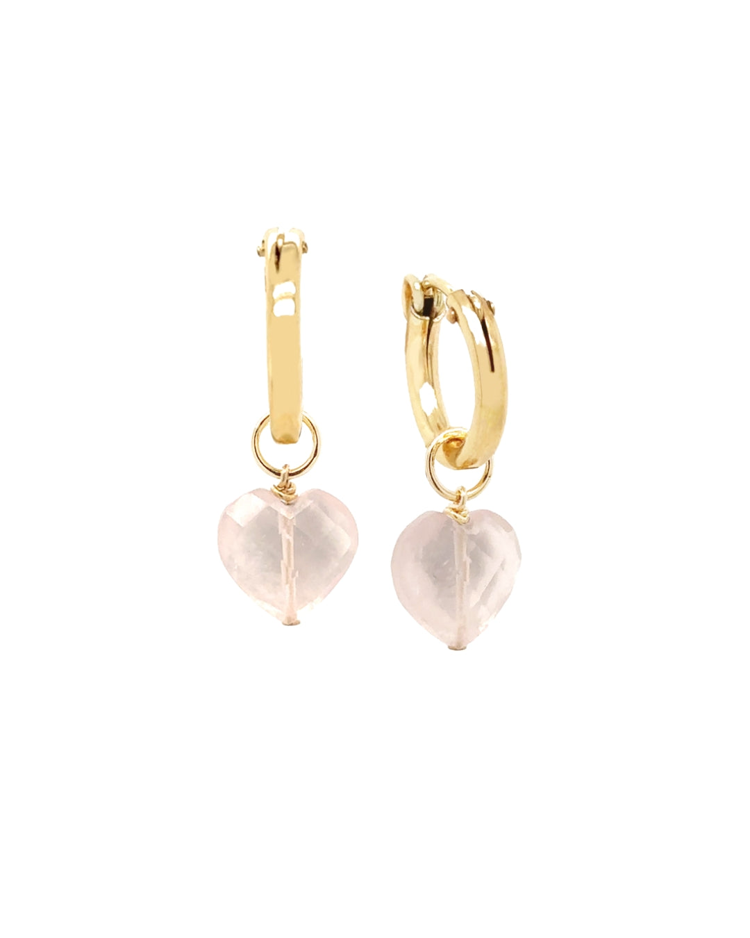 Rose quartz heart hoop earrings with removable gemstone charms on gold hoops, designed and handcrafted in Melbourne, Australia. Dainty pink rose quartz earrings for a romantic, versatile style.