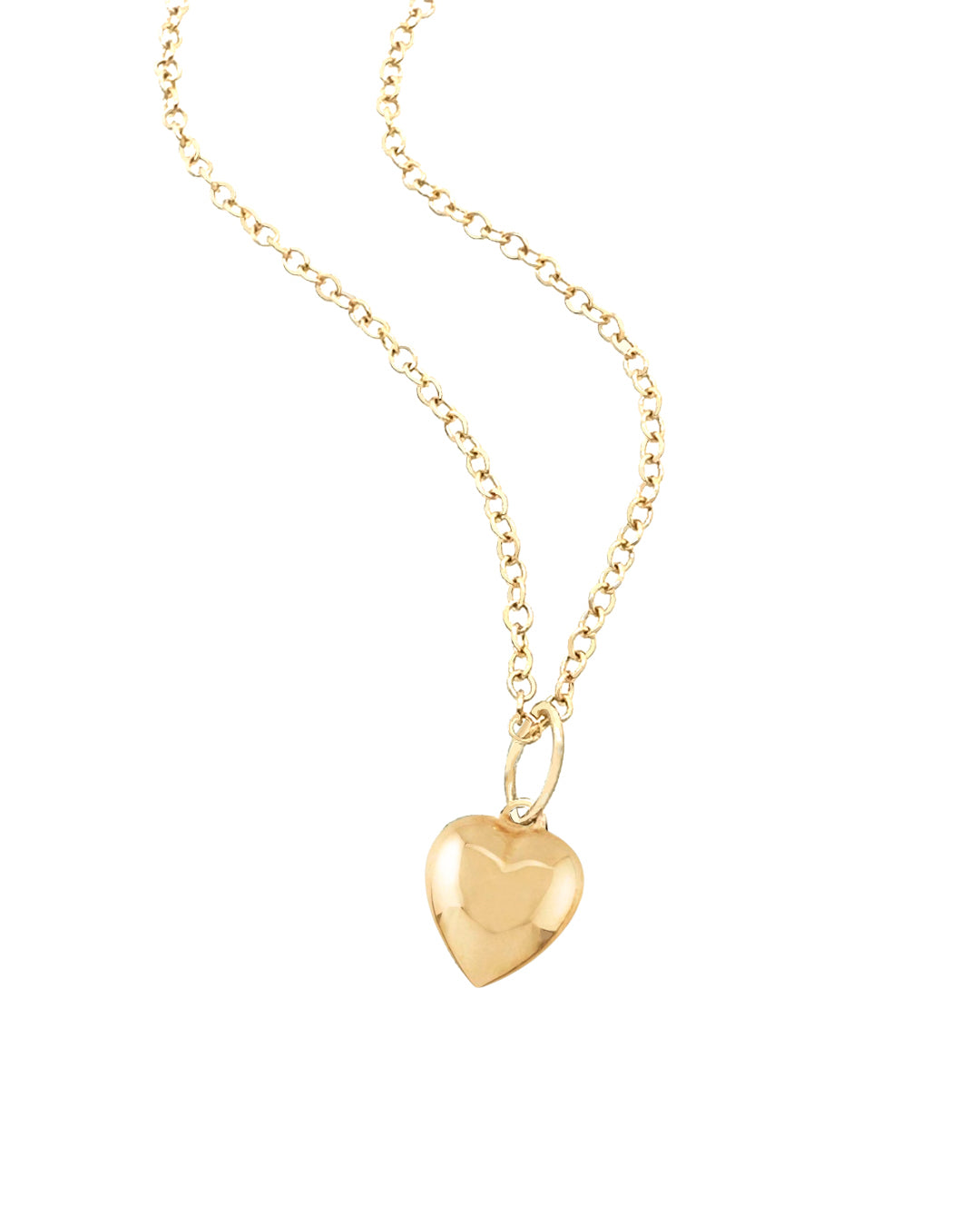 14k yellow solid gold necklace chain with a petite puffy love heart necklace charm