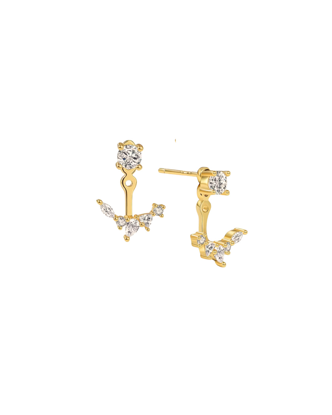 Gold ear jacket earrings with mixed crystal shapes – teardrop, marquise, and round cut sparkle