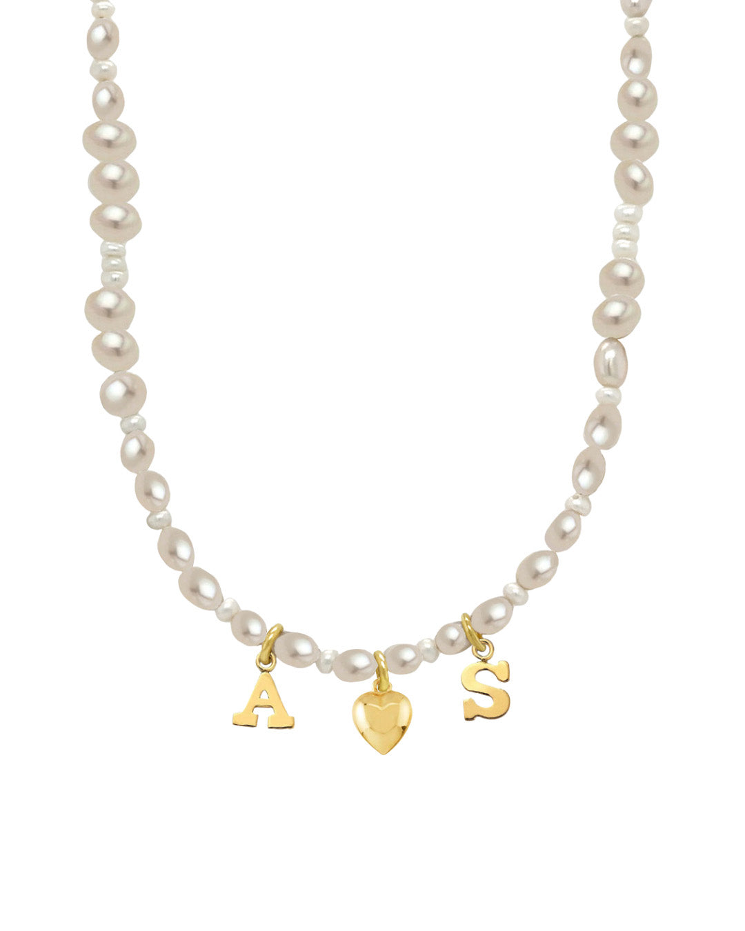 Gold-filled Classic Pearl Initial Choker with organic freshwater pearls and customisable initials, puffy heart or mini pearl charms.