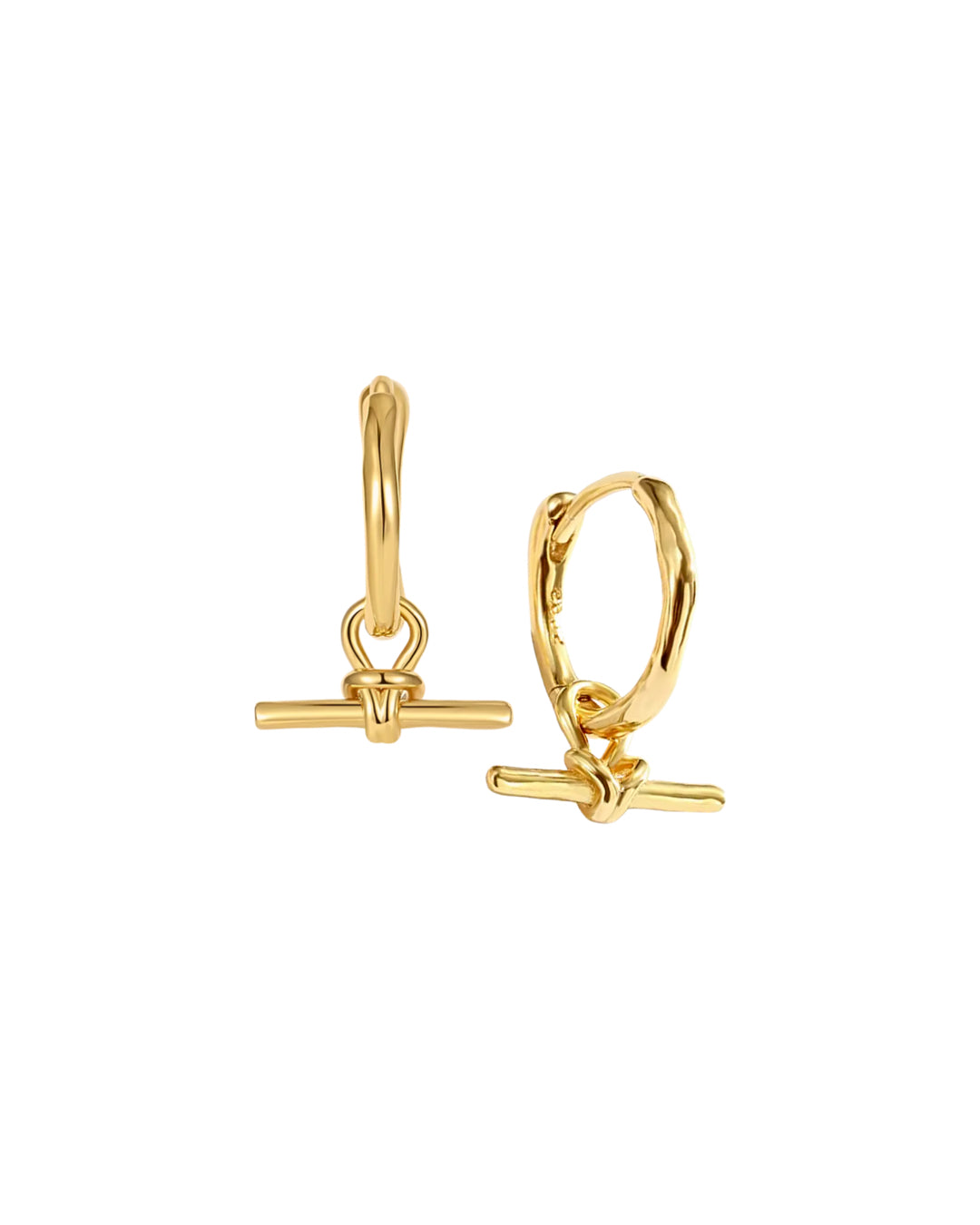 Gold huggie earrings with removable FOB T-bar charm drop