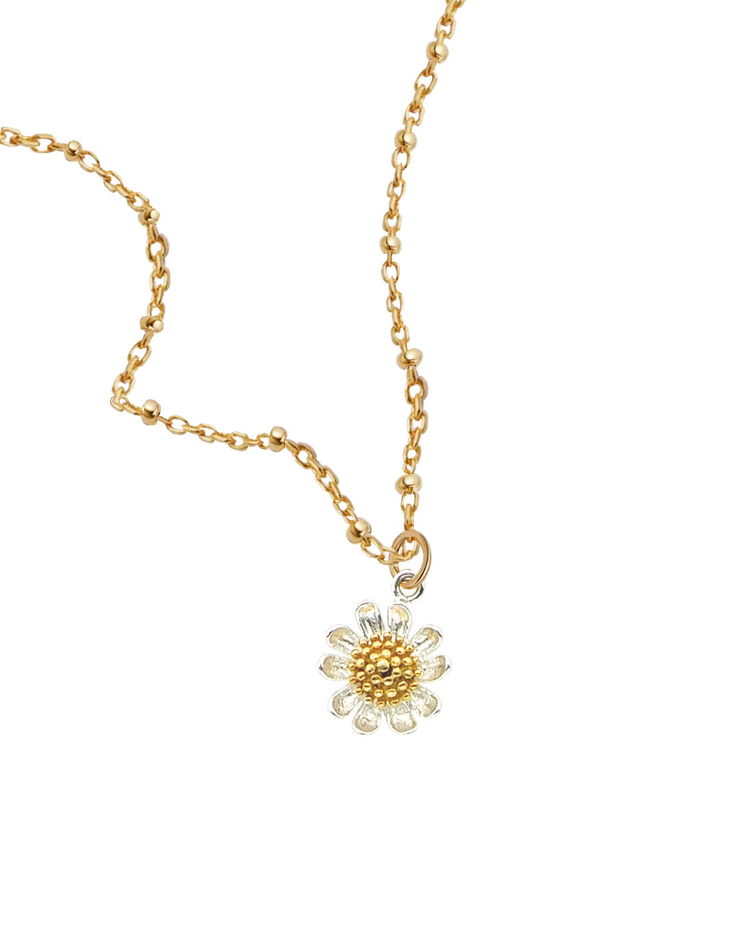 Gold Daisy Bloom Necklace featuring a gold-filled satellite chain and two-tone daisy pendant with sterling silver petals and gold centre, displayed on a neutral background. Dainty floral necklace by Australian jewellery brand Romyli.