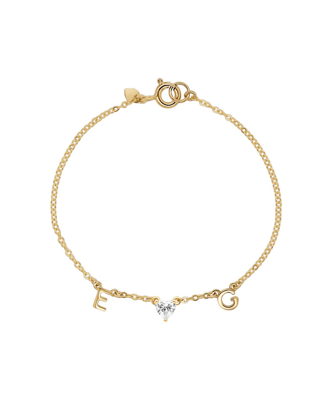 ROMYLI Build Your Initial Bracelet with personalised gold letter charms and heart gem on dainty chain