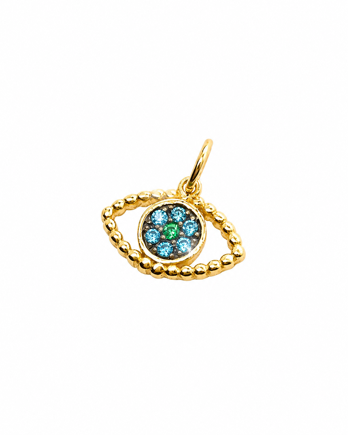 A gold evil eye pendant charm shaped like an eye, featuring a beaded outer border and a central circular cluster of blue and green stones, shown on a plain white background.