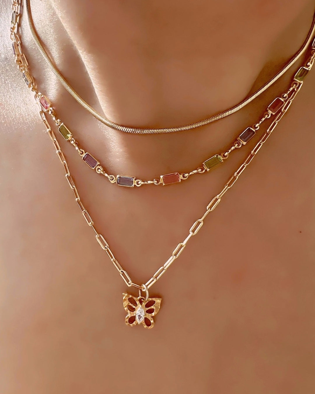 Gold fill herringbone snake chain necklace choker on a model 