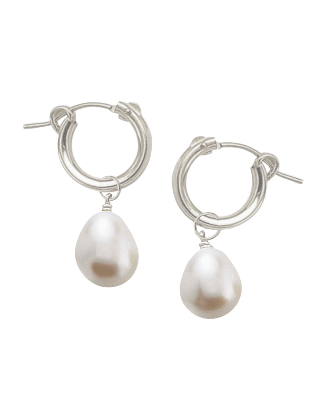 Silver 15mm hoop earrings with removable 10mm baroque freshwater pearl charms – versatile sterling silver Moondrop Pearl Hoops.