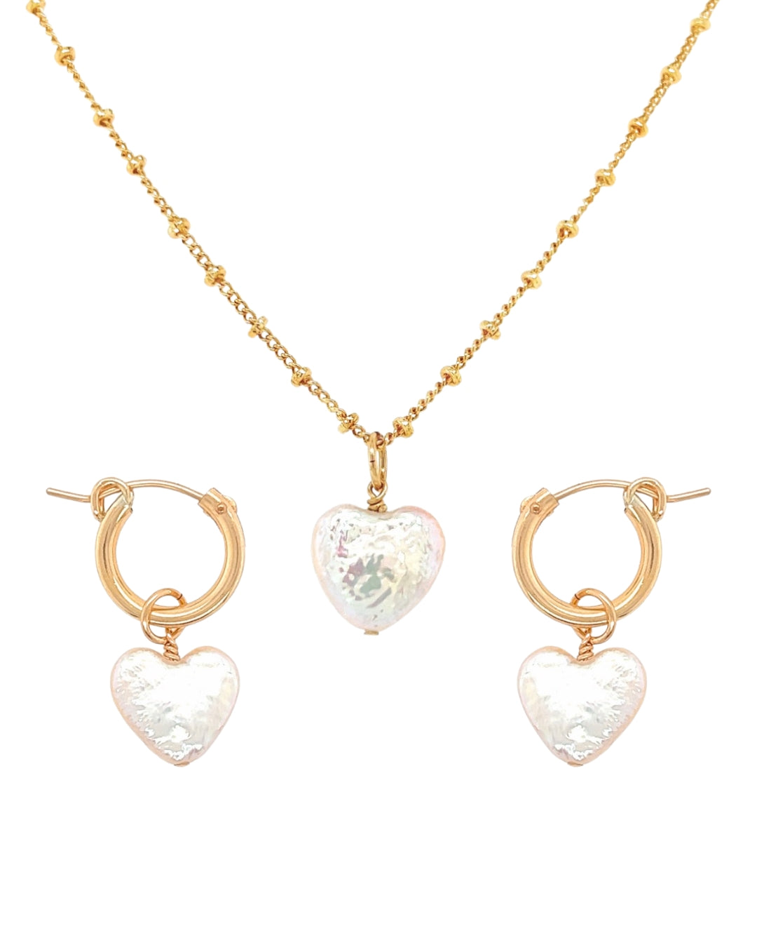 Gold Pearl Heart Necklace and Earrings Set