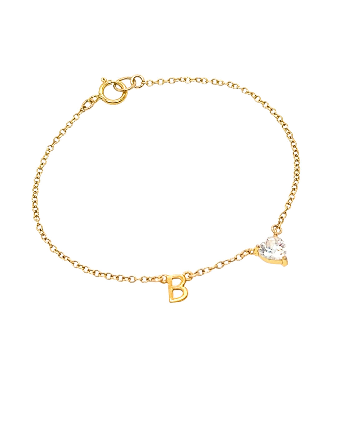 Customizable gold petite initial name bracelet with the option to add up to 5 letters, gems or heart