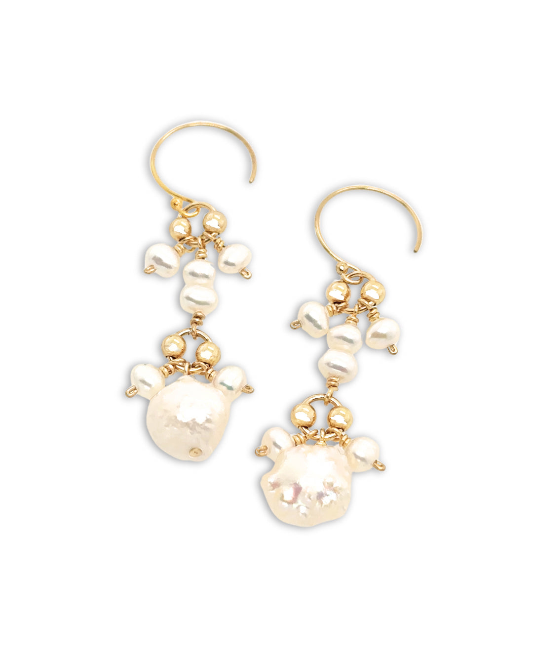 Budding Rose midi earrings featuring a longer cluster of baroque pearl and seed pearls on gold fill studs, designed and made in Australia. Ideal pearl earrings for brides and bridesmaids seeking a timeless, natural look.