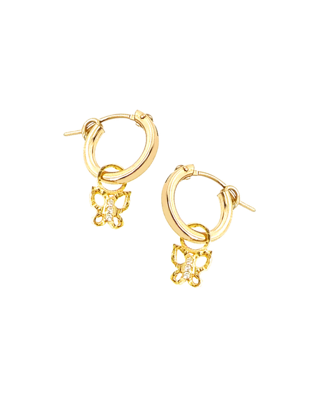 Gold hoop earrings with textured butterfly charms adorned with pave crystals, designed with removable charms for versatile styling from minimal to statement looks.