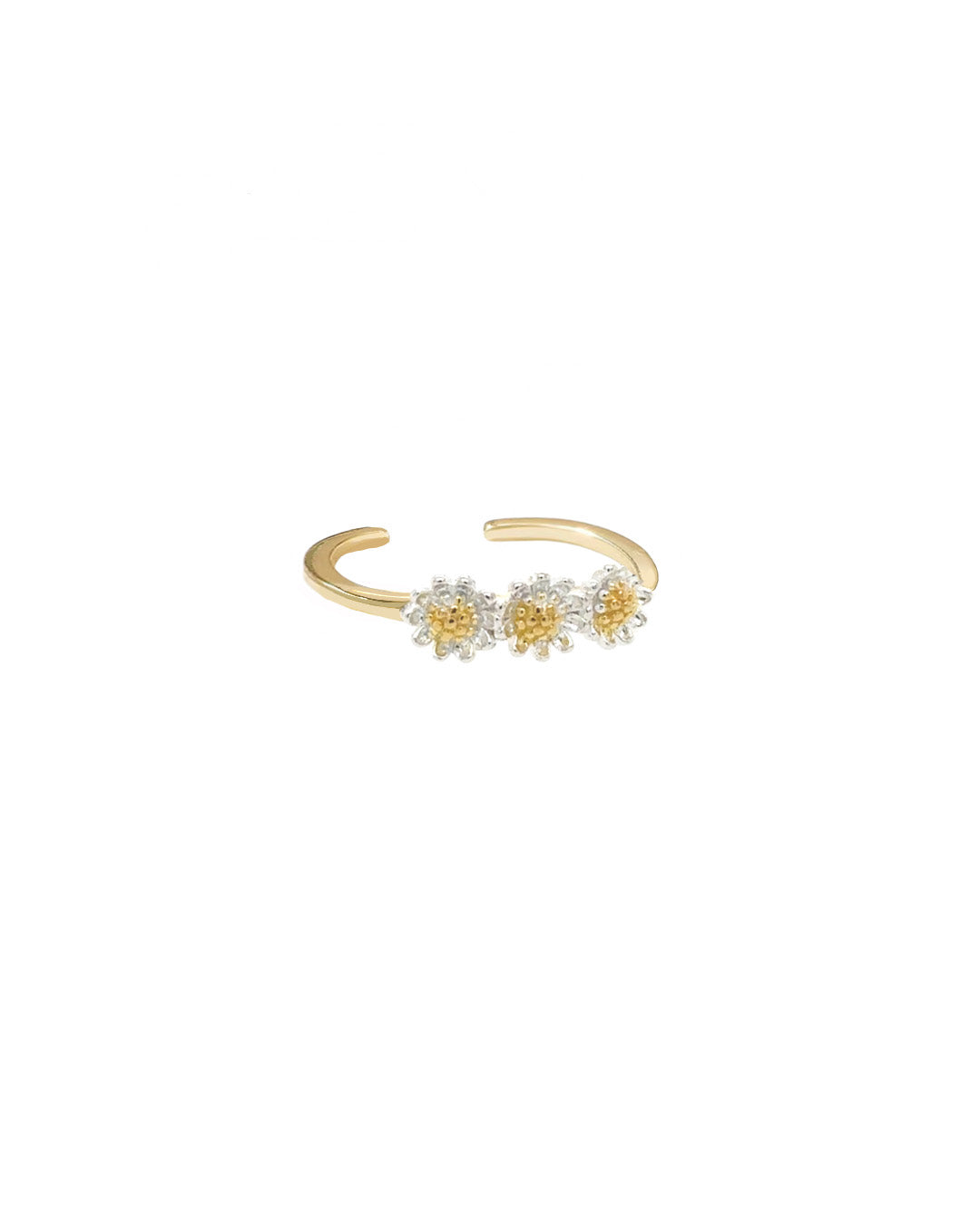 Daisy Chain Ring featuring a trio of two-tone daisy motifs with sterling silver petals and gold centres, set on an adjustable gold vermeil band. Dainty floral ring by Australian jewellery brand Romyli.