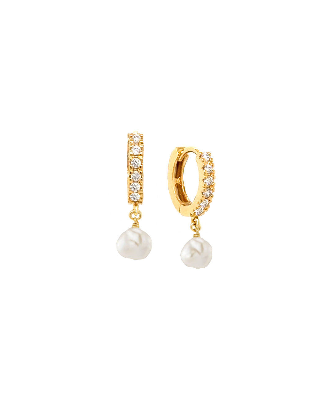Gold pavé huggie hoop earrings with organic freshwater pearl drop – gold vermeil huggies set with cubic zirconia and baroque pearl charm.