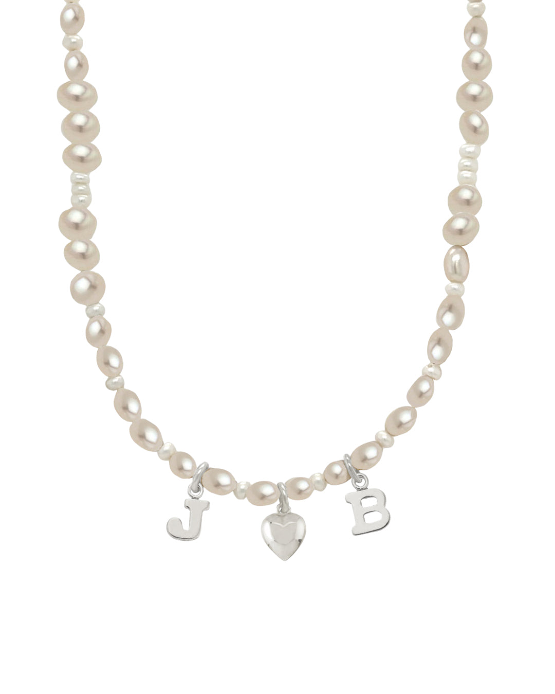 Sterling silver Classic Pearl Initial Choker with organic freshwater pearls and customisable initials, puffy heart or mini pearl charms.