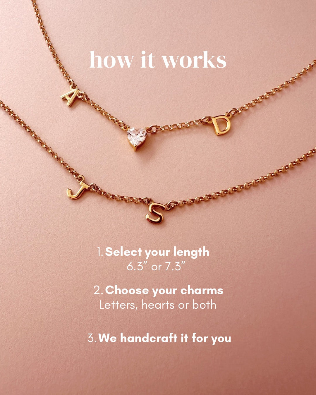 Yellow gold necklace with charms on a pink background, showing how to select length and choose charms.