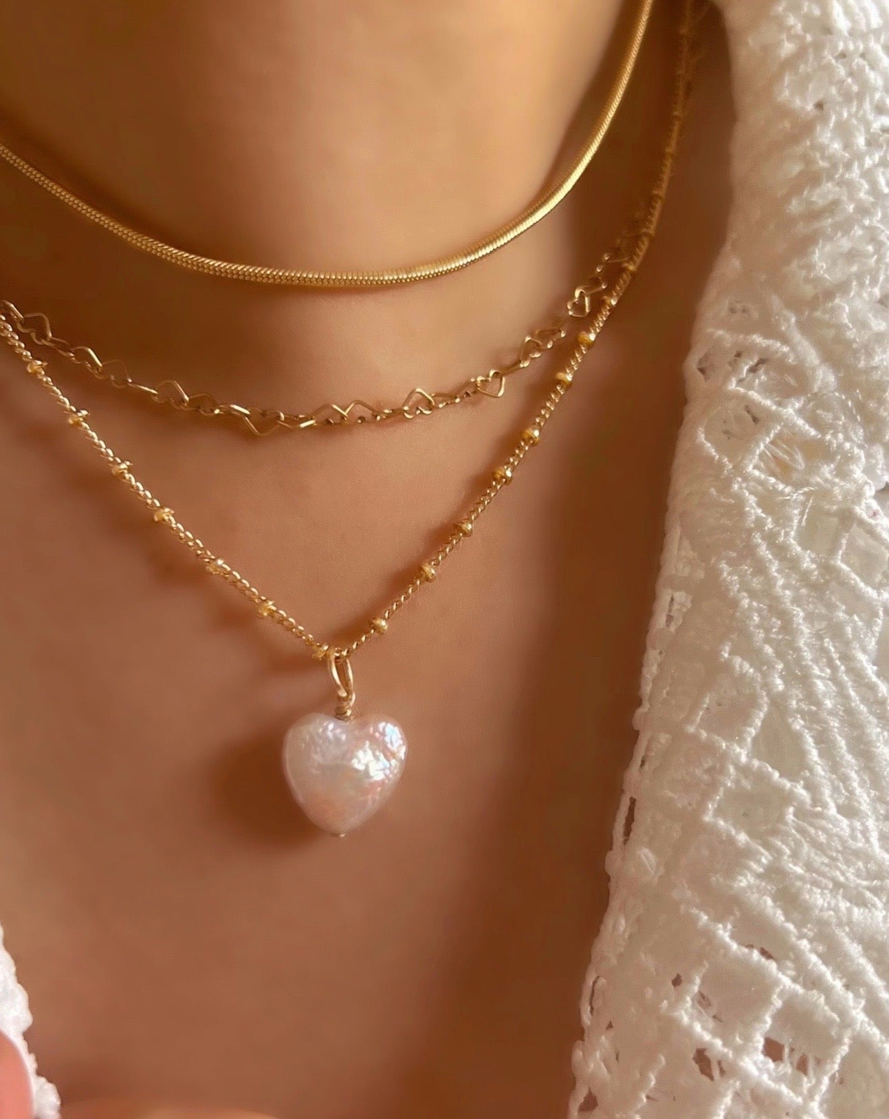 Gold Pearl Heart Necklace