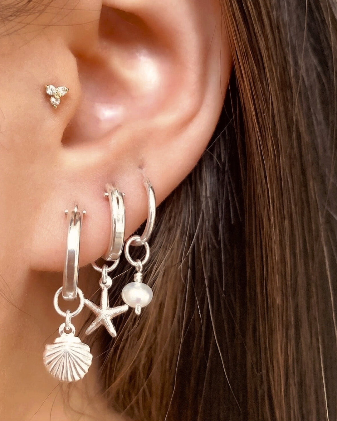 Sterling silver seashell earring charms for Huggie hoops earrings. Made in Australia. 