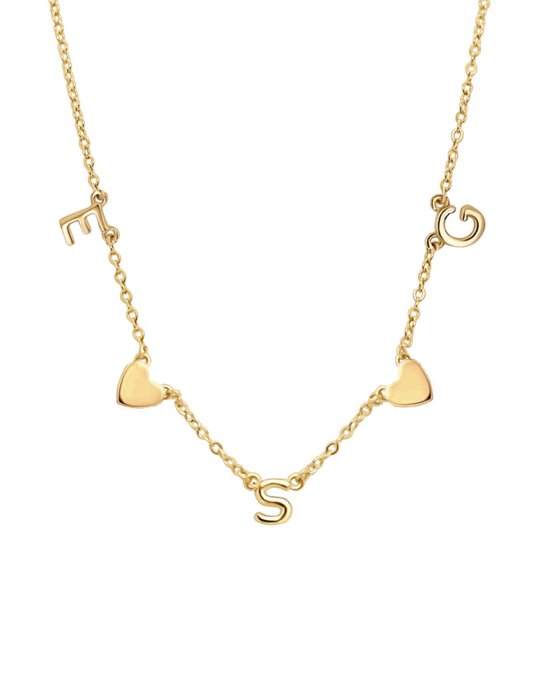 Gold-filled necklace with 3 letter charms and 2 gold heart charms evenly spaced on a petite rolo chain, styled on neutral-toned flatlay background
