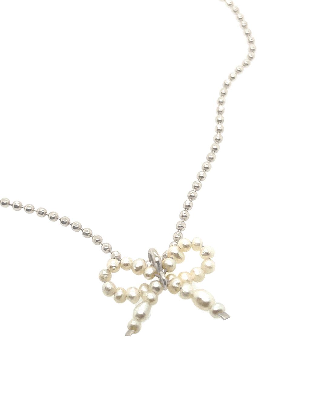 Freshwater Pearl Bow Pendant on a Sterling Silver Satellite Chain Necklace