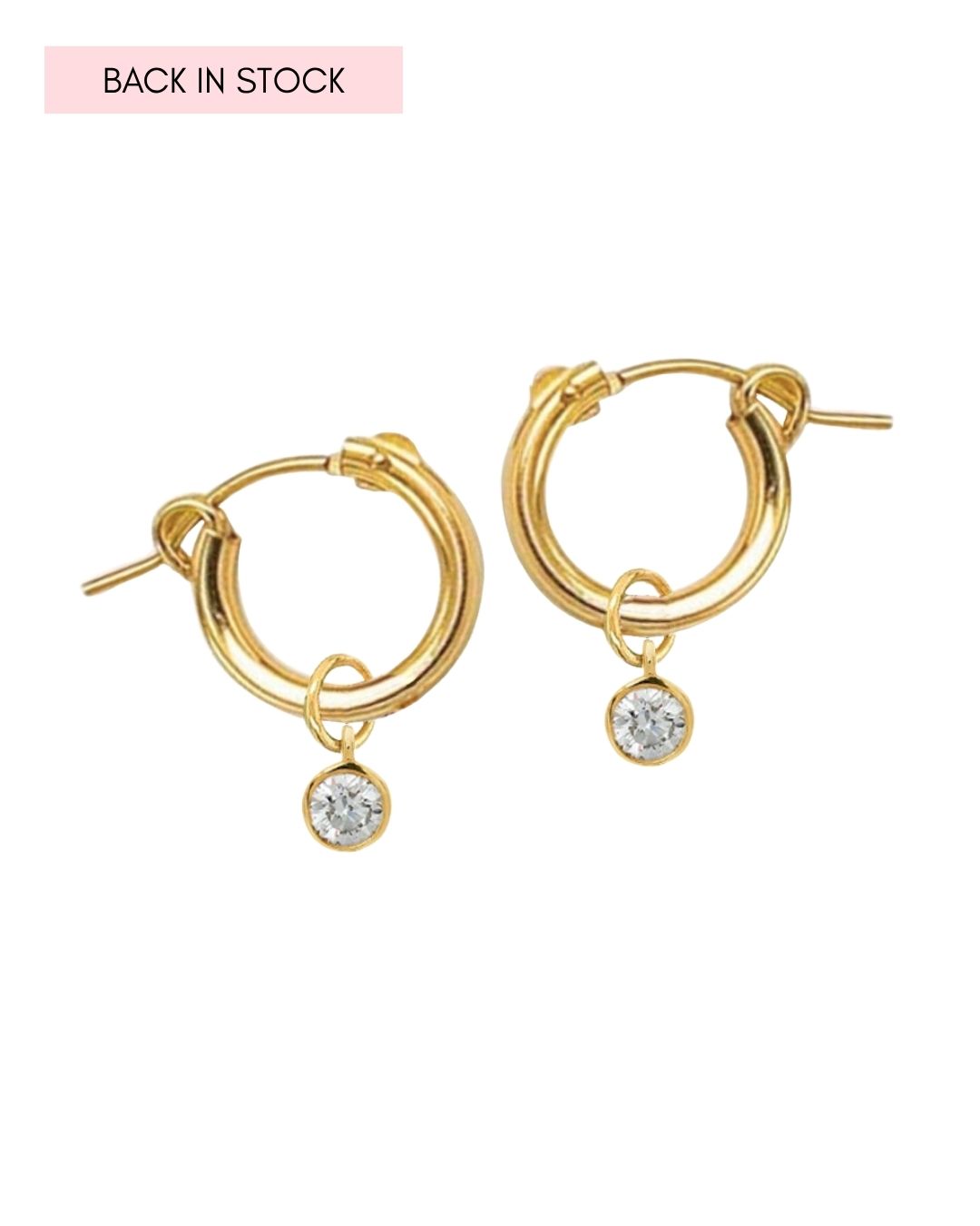 14k Gold-fill hoop earrings with small round gemstones on a white background