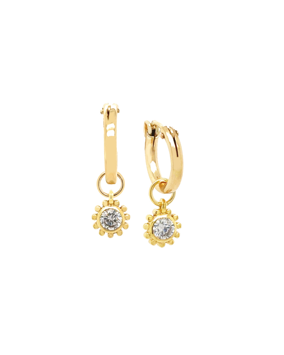 Sola Sun Charm Hoops with removable cubic zirconia sun charm, exclusive Romyli design featuring radiant sunbeam detailing. Sparkling gold hoops for versatile, luminous style.