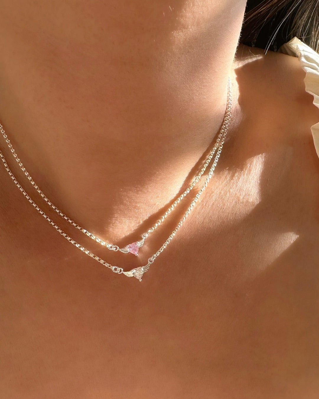 Silver Angel Heart Necklace (White)