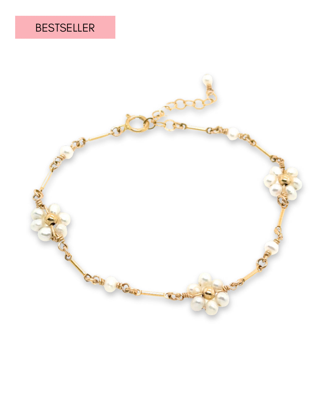 Gold Daisy Pearl Bracelet featuring 3 handwoven freshwater pearl daisies on a 14k gold fill bar chain 