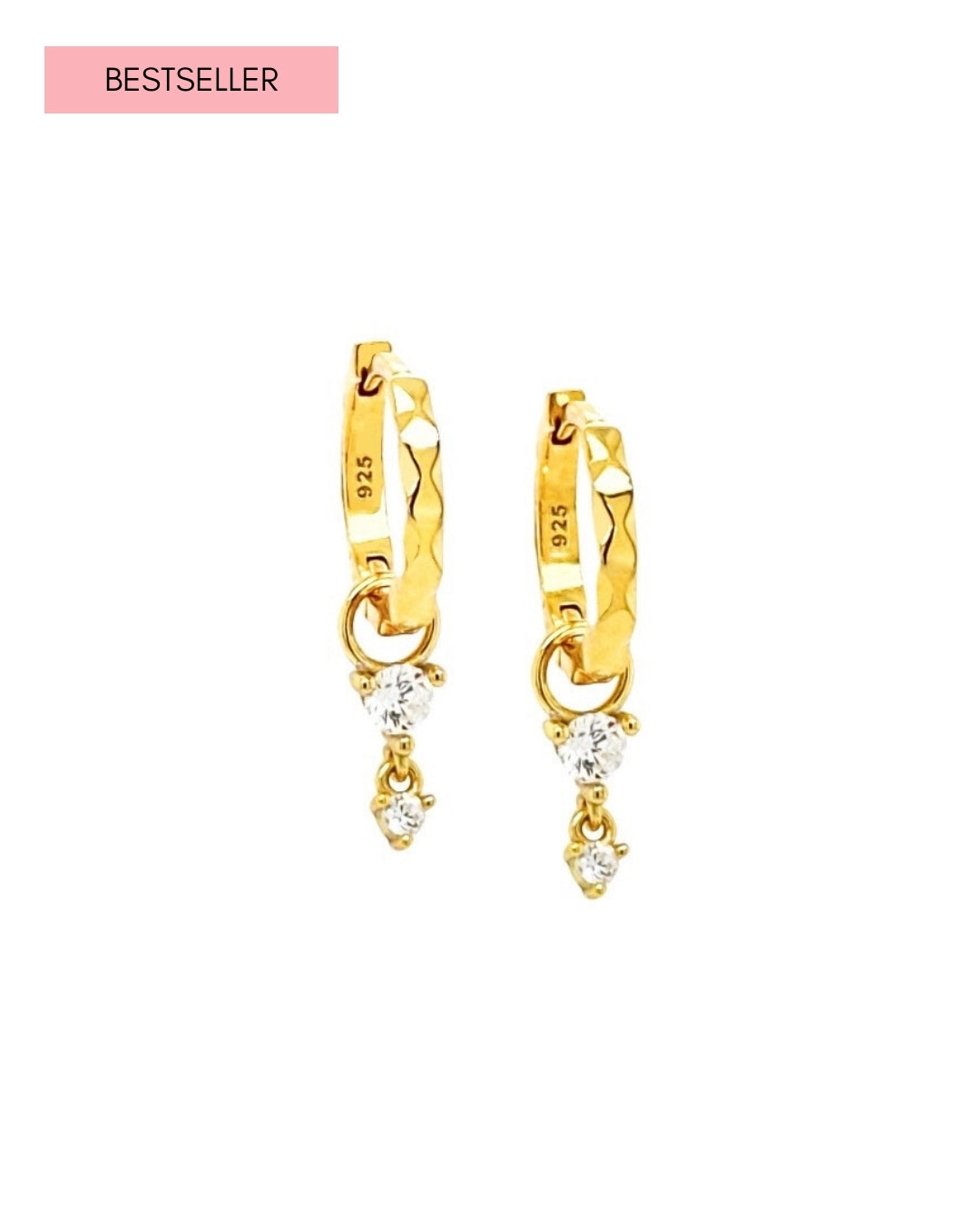 Gold vermeil textured wave hoop earrings with removable triple crystal drop charms, photographed on a clean white background.