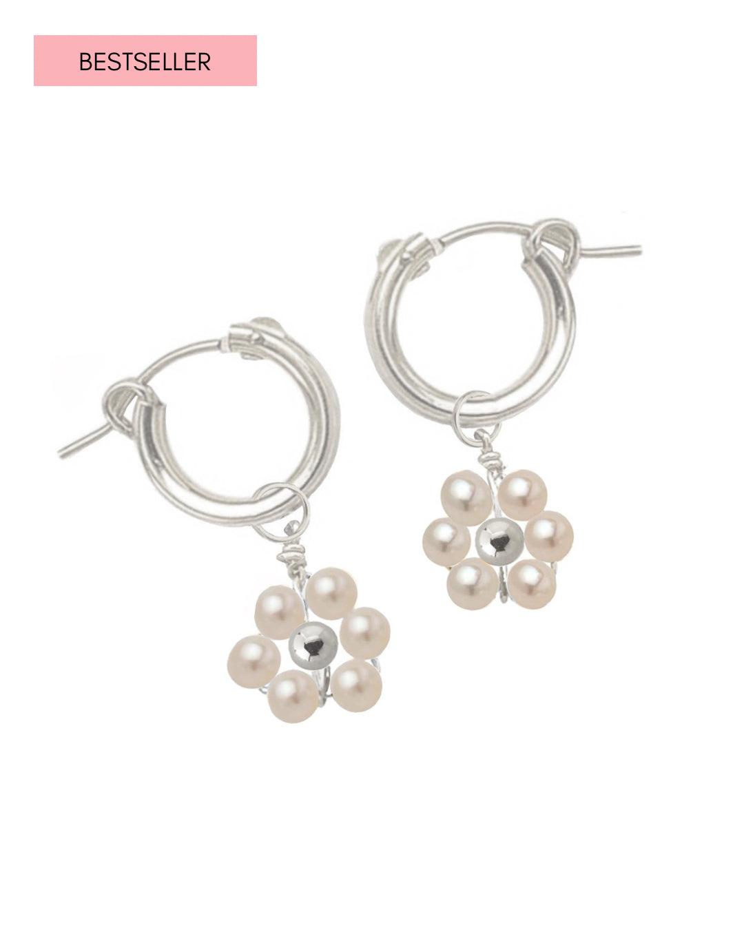 Sterling Silver Daisy Pearl Hoop Earrings. Daisy pearl charms are removable. 