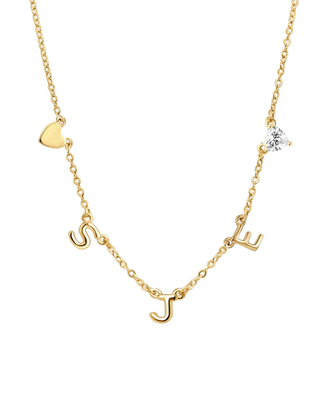 Customisable gold-filled necklace featuring a mix of letter charms, heart gem, and gold heart on a petite rolo chain