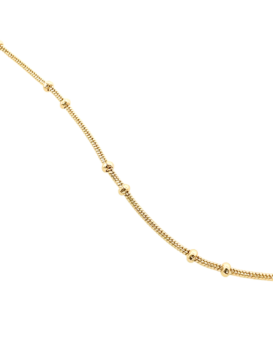 Close up of 14k yellow gold fill beaded satellite chain necklace
