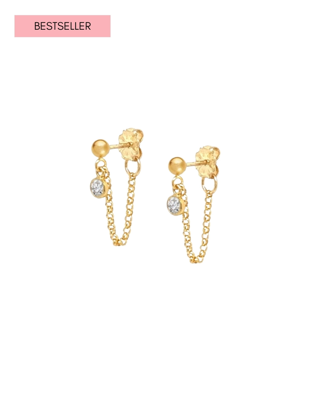 14k gold filled bezel gem chain stud earring featuring a tiny white cubic zirconia crystal. Delicate design suitable for lobe or helix piercing
