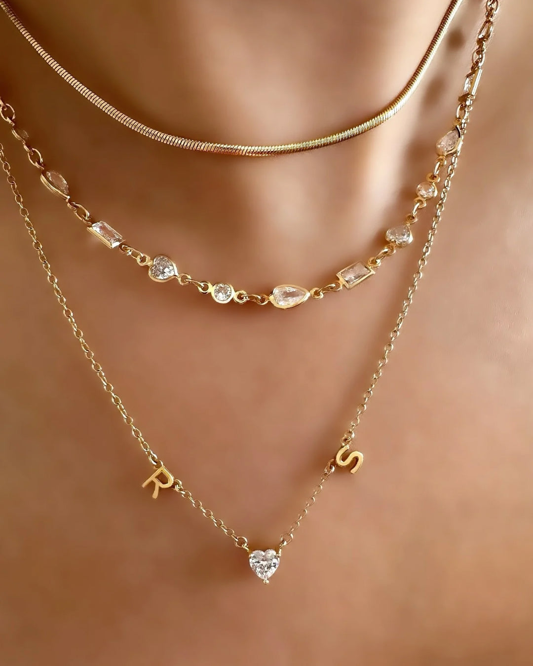 14k yellow gold fill bezel tennis necklace. Heart, Rectangle, Teardrop, Brilliant cut tennis necklace. Made in Australia. 