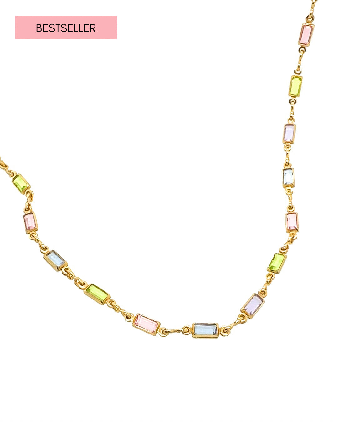 Petite Gold fill necklace in pink, blue and purple bezel gems 